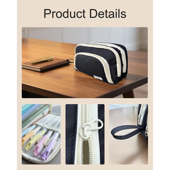 Mailain Federmappe Mäppchen mit 3 Fächer Federtasche große Kapazität Federmäppchen Mädchen Junge Teenager Erwachsene Pencil Case Schlamppermäppchen Etui Stifte für Schule Büro (Schwarz)