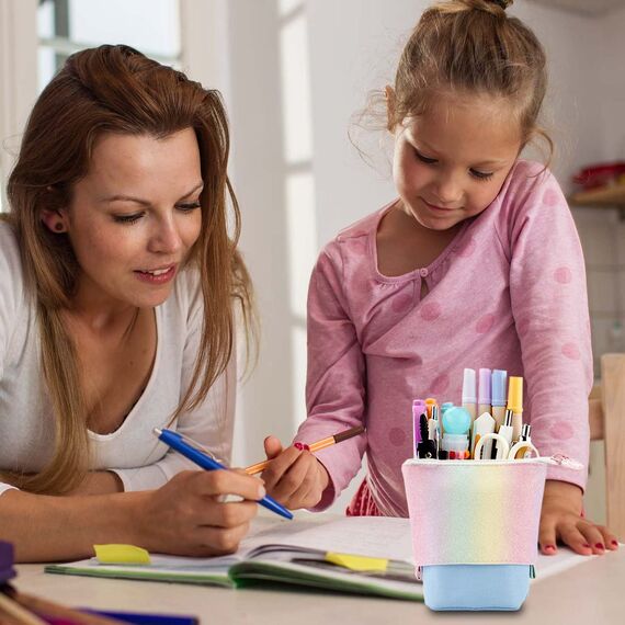 YeahBoom Federmäppchen Reißverschluss,2-in-1 Schlampermäppchen und Stifteköcher,Federmäppchen Mädchen,Ständer Bleistifthalter,Teleskopisch Mäppchen,Stifteköcher für Teenager Schülerin