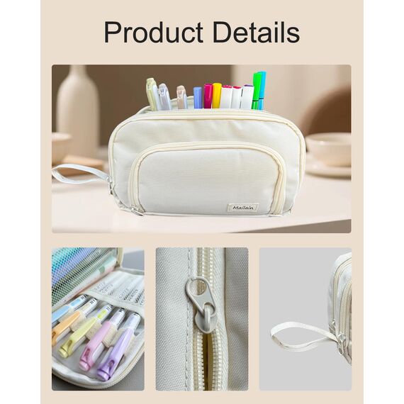 Mailain Federmappe Mäppchen mit 3 Fächer Federtasche große Kapazität Federmäppchen Mädchen Junge Teenager Erwachsene Pencil Case Schlamppermäppchen Etui Stifte für Schule Büro (Beige