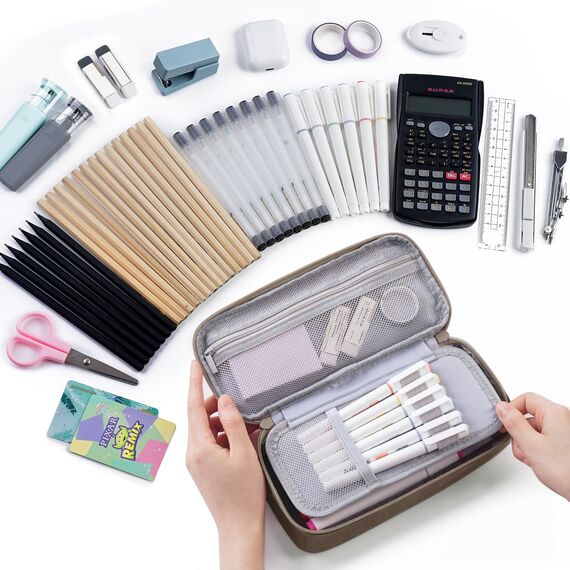 WEMATE Großes Federmäppchen, großes Fassungsvermögen, Federmäppchen, Schreibwaren, Stifttasche, Aufbewahrung, hohe Kapazität, Beutel, Organizer, Marker, Stifteetui für Damen und Herren, Braun