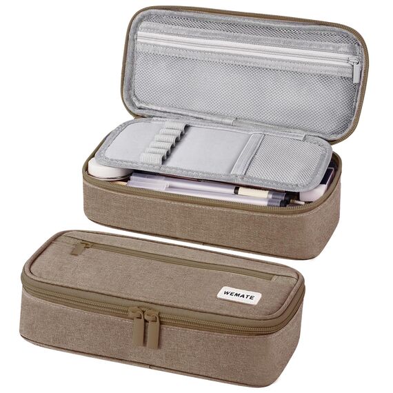 WEMATE Großes Federmäppchen, großes Fassungsvermögen, Federmäppchen, Schreibwaren, Stifttasche, Aufbewahrung, hohe Kapazität, Beutel, Organizer, Marker, Stifteetui für Damen und Herren, Braun