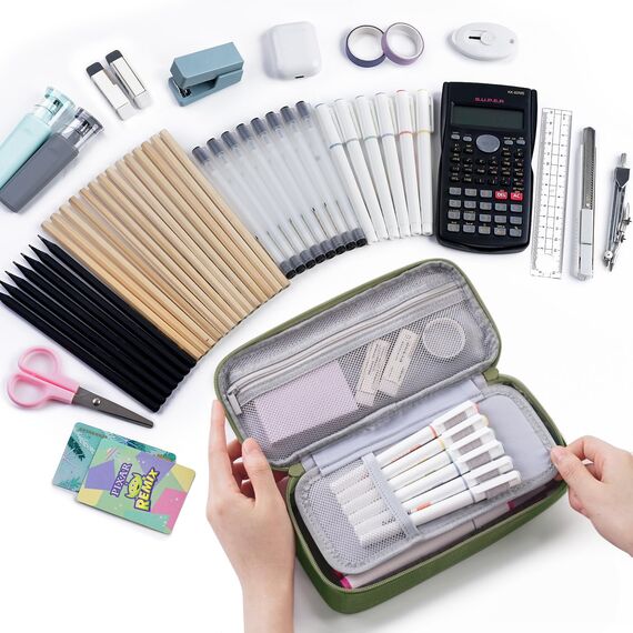 WEMATE Großes Federmäppchen, großes Fassungsvermögen, Federmäppchen, Schreibwaren, Stifttasche, Aufbewahrung, hohe Kapazität, Beutel, Organizer, Marker, Stifteetui für Damen und Herren, Grün