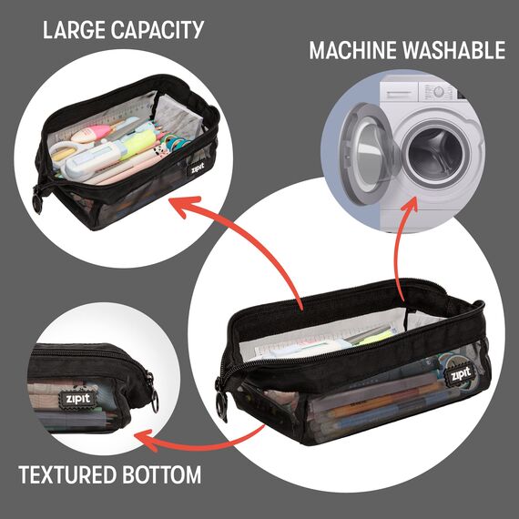 ZIPIT Mesh Federmäppchen | Großes Mäppchen für Schule und Büro | Etui, Kosmetiktasche mit breite Öffnung | Federmappe Schwarz