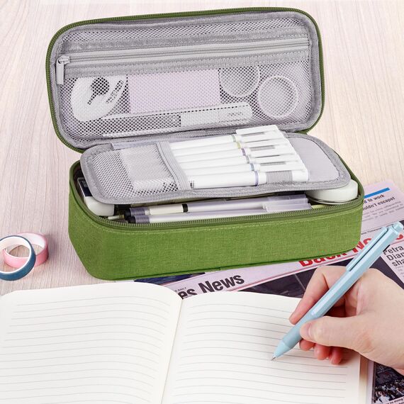WEMATE Großes Federmäppchen, großes Fassungsvermögen, Federmäppchen, Schreibwaren, Stifttasche, Aufbewahrung, hohe Kapazität, Beutel, Organizer, Marker, Stifteetui für Damen und Herren, Grün