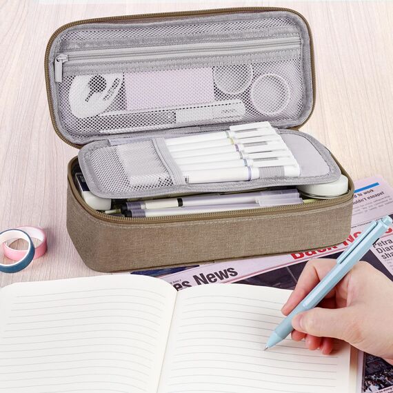 WEMATE Großes Federmäppchen, großes Fassungsvermögen, Federmäppchen, Schreibwaren, Stifttasche, Aufbewahrung, hohe Kapazität, Beutel, Organizer, Marker, Stifteetui für Damen und Herren, Braun