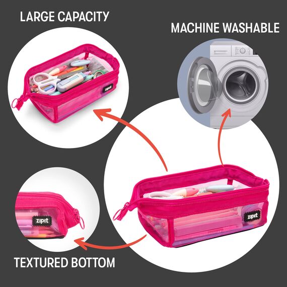 ZIPIT Mesh Federmäppchen für Mädchen | Großes Mäppchen für Schule und Büro | Etui, Kosmetiktasche mit breite Öffnung | Federmappe Rosa