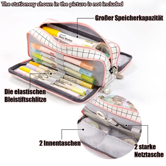 X SIM FITNESSX Federmäppchen Federtaschen Teenager Mädchen Mäppchen Etui Stifte 3 Fach, Große Kapazität Pencil Case für Schule & Büro (Gitter)