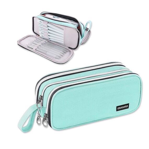 COLOCASTLE Federmäppchen Mäppchen Federmappe groß mit 3 Fächern Federtasche Mädchen Jungen Teenager Pencil Case Schlamppermäppchen für Schule Büro (Mintgrün)