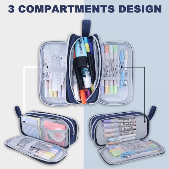 COLOCASTLE Federmäppchen Mäppchen Federmappe groß mit 3 Fächern Federtasche Mädchen Jungen Teenager Pencil Case Schlamppermäppchen für Schule Büro (Dunkelblau)