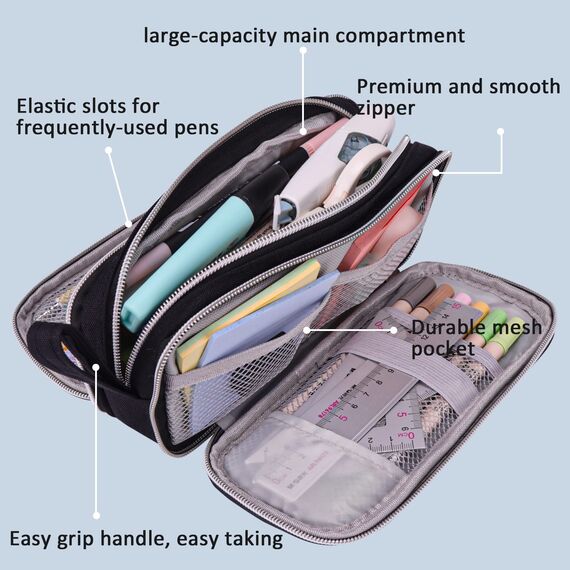 COLOCASTLE Federmäppchen Mäppchen Federmappe groß mit 3 Fächern Federtasche Mädchen Jungen Teenager Pencil Case Schlamppermäppchen für Schule Büro (Schwarz)