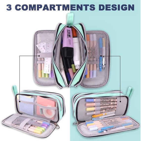 COLOCASTLE Federmäppchen Mäppchen Federmappe groß mit 3 Fächern Federtasche Mädchen Jungen Teenager Pencil Case Schlamppermäppchen für Schule Büro (Mintgrün)