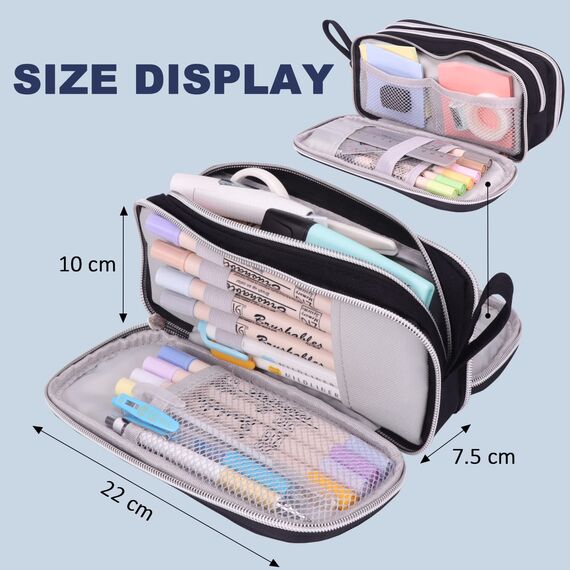 COLOCASTLE Federmäppchen Mäppchen Federmappe groß mit 3 Fächern Federtasche Mädchen Jungen Teenager Pencil Case Schlamppermäppchen für Schule Büro (Schwarz)