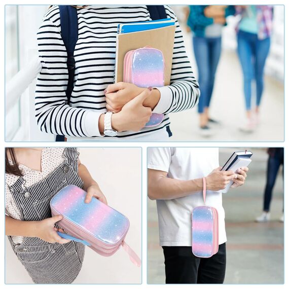 FINPAC Federmäppchen Federtasche - Große Kapazität Mäppchen mit 3 Fächer Stiftetasche Schlamperbox Bleistifttasche Schulmäppchen für Schule & Büro, (Rosa Blau)