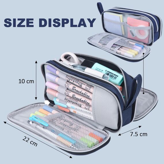 COLOCASTLE Federmäppchen Mäppchen Federmappe groß mit 3 Fächern Federtasche Mädchen Jungen Teenager Pencil Case Schlamppermäppchen für Schule Büro (Dunkelblau)