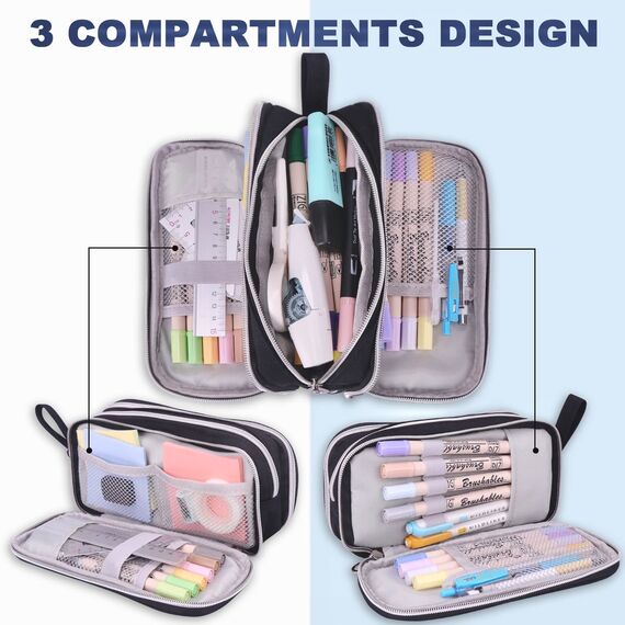 COLOCASTLE Federmäppchen Mäppchen Federmappe groß mit 3 Fächern Federtasche Mädchen Jungen Teenager Pencil Case Schlamppermäppchen für Schule Büro (Schwarz)