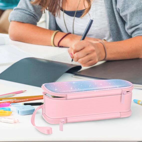 FINPAC Federmäppchen Federtasche - Große Kapazität Mäppchen mit 3 Fächer Stiftetasche Schlamperbox Bleistifttasche Schulmäppchen für Schule & Büro, (Rosa Blau)
