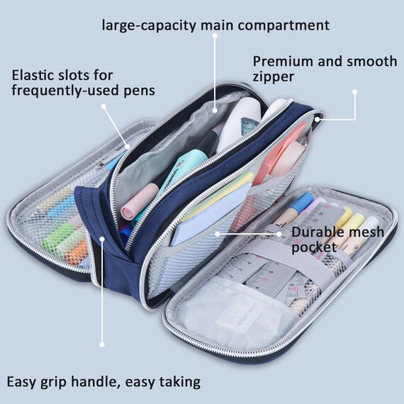 COLOCASTLE Federmäppchen Mäppchen Federmappe groß mit 3 Fächern Federtasche Mädchen Jungen Teenager Pencil Case Schlamppermäppchen für Schule Büro (Dunkelblau)