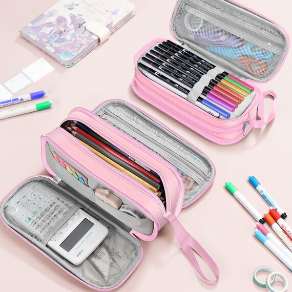 FINPAC Federmäppchen Federtasche - Große Kapazität Mäppchen mit 3 Fächer Stiftetasche Schlamperbox Bleistifttasche Schulmäppchen für Schule & Büro, (Rosa)