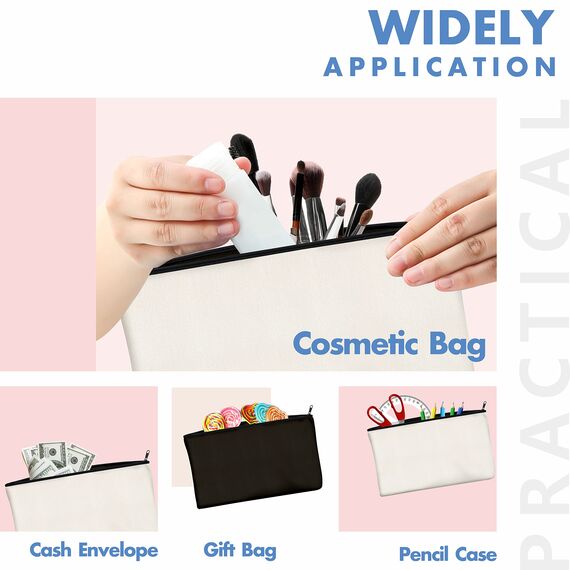 8er-Packung Taschen aus Baumwoll-Leinwand mit Reißverschluss; blanko; als Beutel oder Federmäppchen; für DIY-Heimarbeit, Make-up-/ Kosmetik-/Toilettenartikel; zur Aufbewahrung; (Beige & Schwarz);