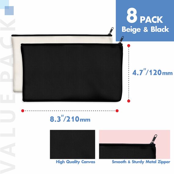 8er-Packung Taschen aus Baumwoll-Leinwand mit Reißverschluss; blanko; als Beutel oder Federmäppchen; für DIY-Heimarbeit, Make-up-/ Kosmetik-/Toilettenartikel; zur Aufbewahrung; (Beige & Schwarz);