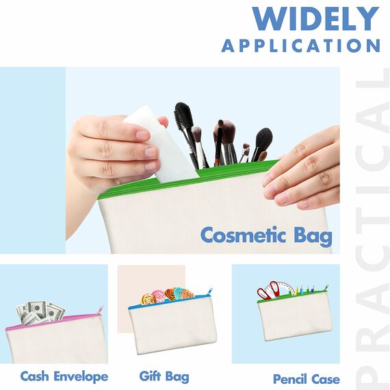 8er-Packung leere Baumwoll/Leinwand-Reißverschlusstaschen; DIY; als Beutel oder Federmäppchen für Make-up, Kosmetik- oder Hygieneartikel und sonstige Aufbewahrung; (beige,farbiger Reißverschluss);