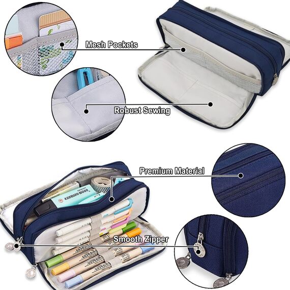 X SIM FITNESSX Federmäppchen Federtaschen Teenager Mädchen Mäppchen Etui Stifte 3 Fach, Große Kapazität Pencil Case für Schule & Büro (Dunkle Blau)