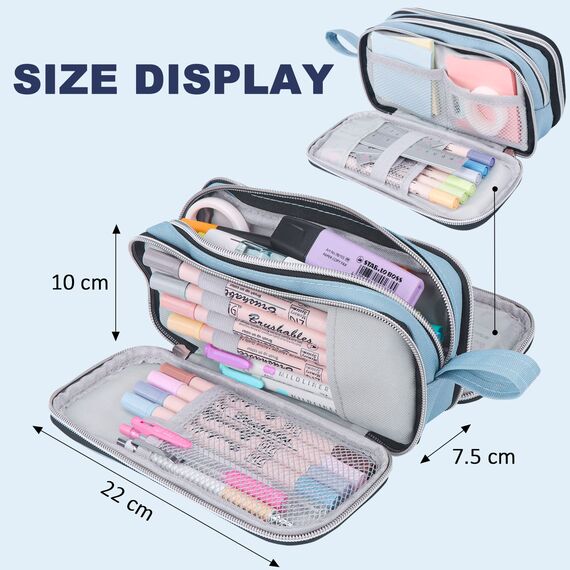 COLOCASTLE Federmäppchen Mäppchen Federmappe groß mit 3 Fächern Federtasche Mädchen Jungen Teenager Pencil Case Schlamppermäppchen für Schule Büro (Lichtblau)