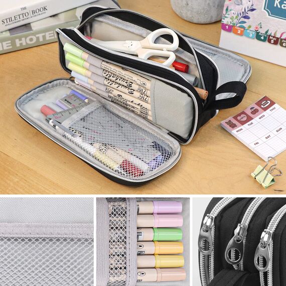 COLOCASTLE Federmäppchen Mäppchen Federmappe groß mit 3 Fächern Federtasche Mädchen Jungen Teenager Pencil Case Schlamppermäppchen für Schule Büro (Schwarz)