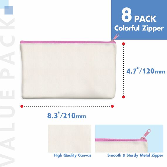 8er-Packung leere Baumwoll/Leinwand-Reißverschlusstaschen; DIY; als Beutel oder Federmäppchen für Make-up, Kosmetik- oder Hygieneartikel und sonstige Aufbewahrung; (beige,farbiger Reißverschluss);