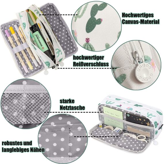 X SIM FITNESSX Federmäppchen Federtaschen Teenager Mädchen Mäppchen Etui Stifte 3 Fach, Große Kapazität Pencil Case für Schule & Büro (Ins Kaktus)