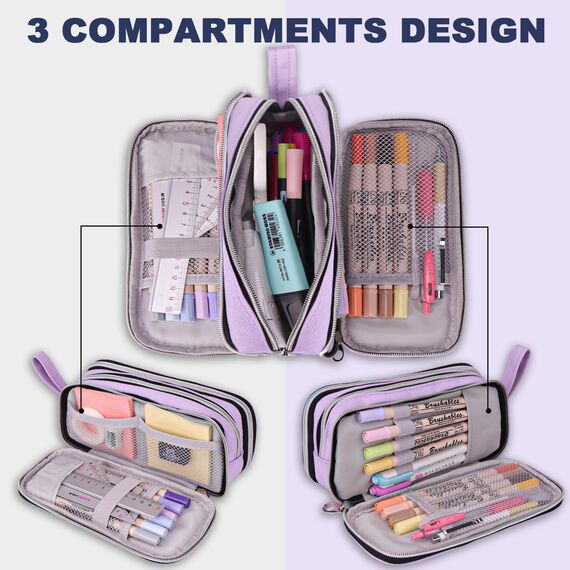 COLOCASTLE Federmäppchen Mäppchen Federmappe groß mit 3 Fächern Federtasche Mädchen Jungen Teenager Pencil Case Schlamppermäppchen für Schule Büro (Lila)
