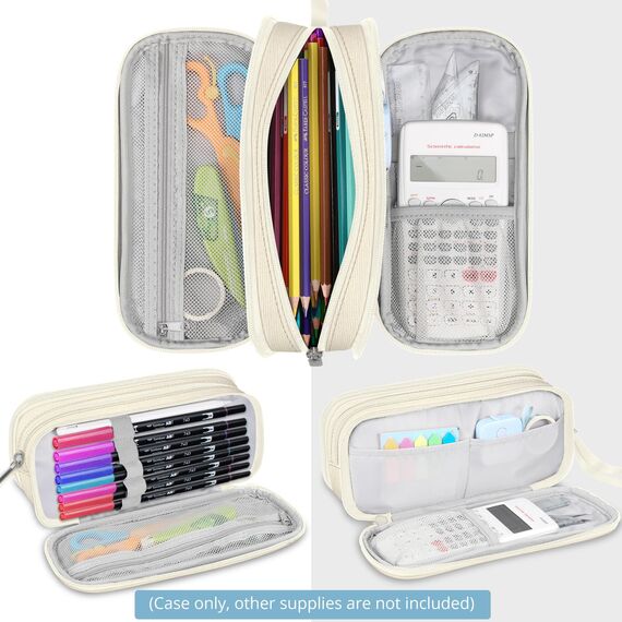 FINPAC Federmäppchen Federtasche - Große Kapazität Mäppchen mit 3 Fächer Stiftetasche Schlamperbox Bleistifttasche Schulmäppchen für Schule & Büro, (Beige)