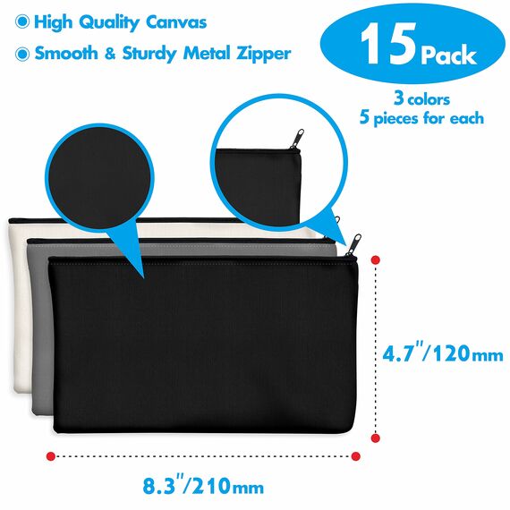 Vantasii 15 Stück Taschen aus Baumwoll-Leinwand mit Reißverschluss,als Beutel oder Federmäppchen,für DIY-Heimarbeit, Make-up-/ Kosmetik-/Toilettenartikel (Schwarz+Grau+Weiß