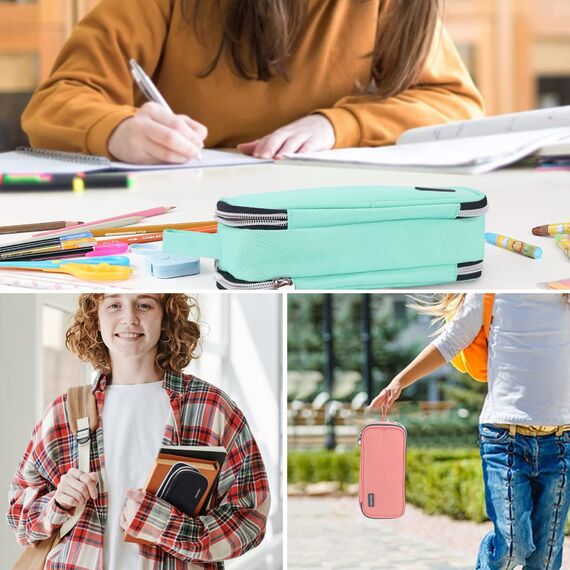 COLOCASTLE Federmäppchen Mäppchen Federmappe groß mit 3 Fächern Federtasche Mädchen Jungen Teenager Pencil Case Schlamppermäppchen für Schule Büro (Mintgrün)