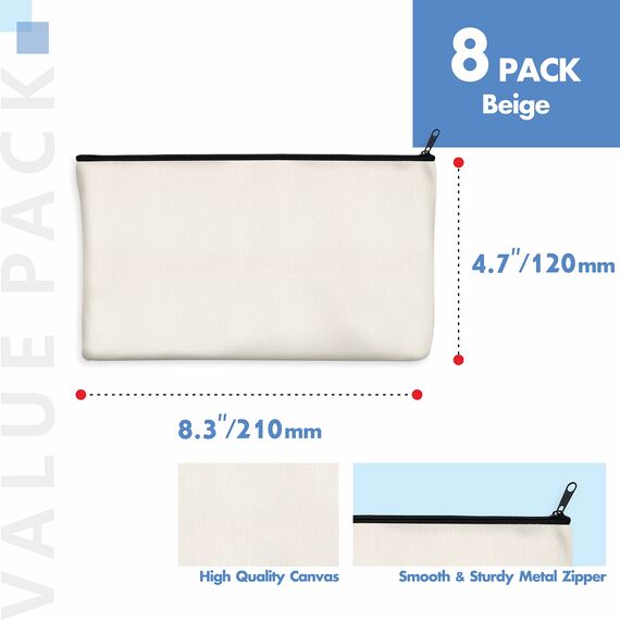 8er-Packung leere Baumwoll/Leinwand-Reißverschlusstaschen; DIY; als Beutel oder Federmäppchen für Make-up, Kosmetik- oder Hygieneartikel und sonstige Aufbewahrung; (Beige, Schwarzer Reißverschluss);