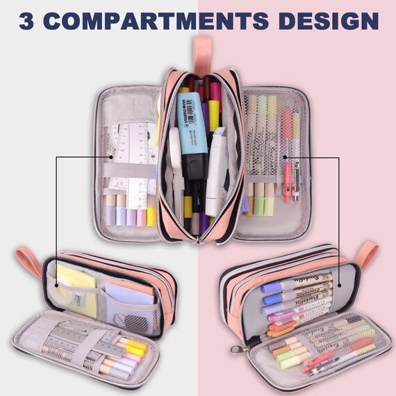 COLOCASTLE Federmäppchen Mäppchen Federmappe groß mit 3 Fächern Federtasche Mädchen Jungen Teenager Pencil Case Schlamppermäppchen für Schule Büro (Rosa)