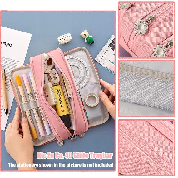 X SIM FITNESSX Federmäppchen Federtaschen Teenager Mädchen Mäppchen Etui Stifte 3 Fach, Große Kapazität Pencil Case für Schule & Büro (Pink)