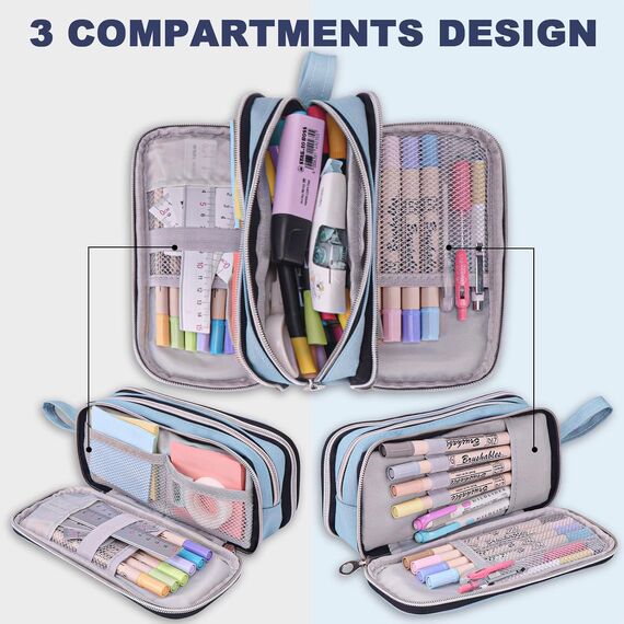 COLOCASTLE Federmäppchen Mäppchen Federmappe groß mit 3 Fächern Federtasche Mädchen Jungen Teenager Pencil Case Schlamppermäppchen für Schule Büro (Lichtblau)