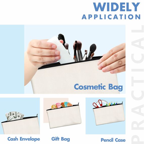 8er-Packung leere Baumwoll/Leinwand-Reißverschlusstaschen; DIY; als Beutel oder Federmäppchen für Make-up, Kosmetik- oder Hygieneartikel und sonstige Aufbewahrung; (Beige, Schwarzer Reißverschluss);