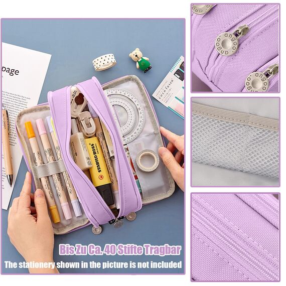 X SIM FITNESSX Federmäppchen Federtaschen Teenager Mädchen Mäppchen Etui Stifte 3 Fach, Große Kapazität Pencil Case für Schule & Büro (Purple)
