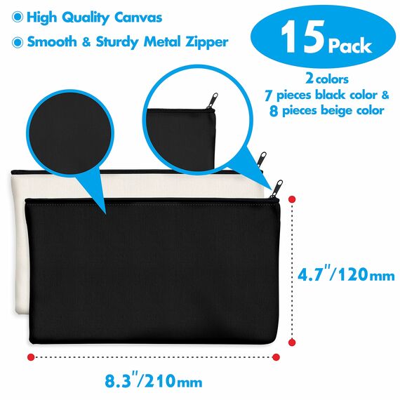 Vantasii 15 Stück Taschen aus Baumwoll-Leinwand mit Reißverschluss,als Beutel oder Federmäppchen,für DIY-Heimarbeit, Make-up-/ Kosmetik-/Toilettenartikel; zur Aufbewahrung; (Beige & Schwarz