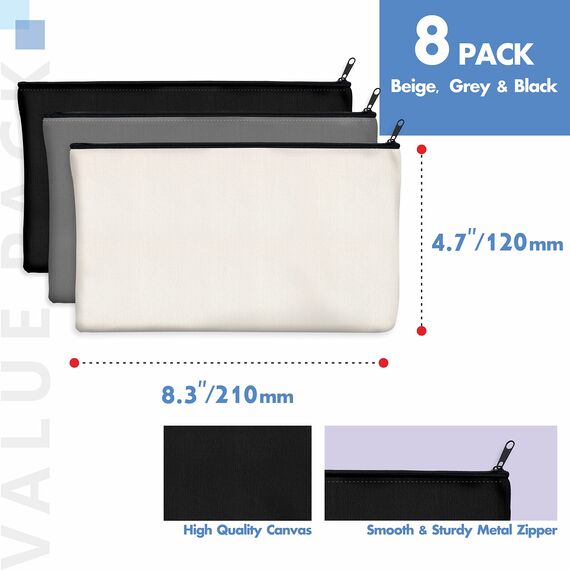 8er-Packung Taschen aus Baumwoll-Leinwand mit Reißverschluss; blanko; als Beutel oder Federmäppchen; für DIY-Heimarbeit, Make-up-/ Kosmetik-/Toilettenartikel; zur Aufbewahrung(Schwarz + Grau + Weiß)