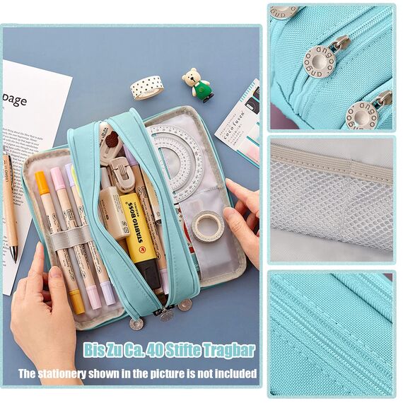 X SIM FITNESSX Federmäppchen Federtaschen Teenager Mädchen Mäppchen Etui Stifte 3 Fach, Große Kapazität Pencil Case für Schule & Büro (Helle Blau)