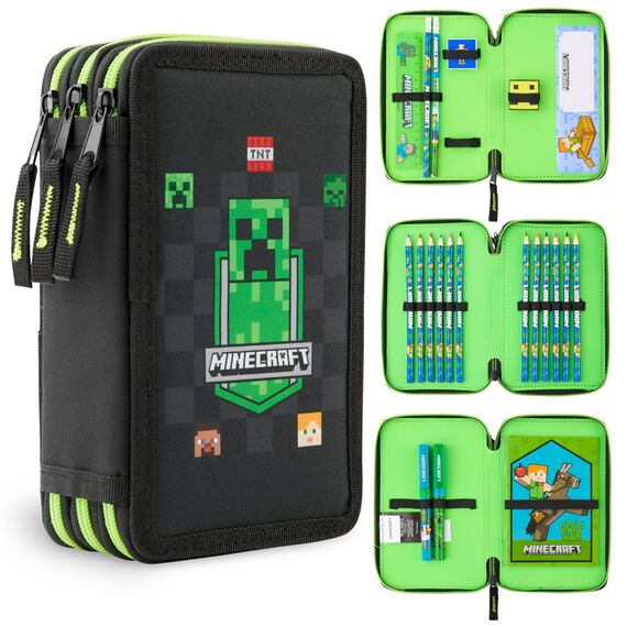 Minecraft Federmäppchen Jungen und Mädchen Mäppchen Gefüllt Creeper Federmappe mit Schreibwaren Gamer Geschenke für Kinder und Teenager (Schwarz AOP)
