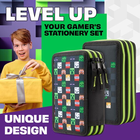 Minecraft Federmäppchen Jungen und Mädchen Mäppchen Gefüllt Creeper Federmappe mit Schreibwaren Gamer Geschenke für Kinder und Teenager (Schwarz AOP)