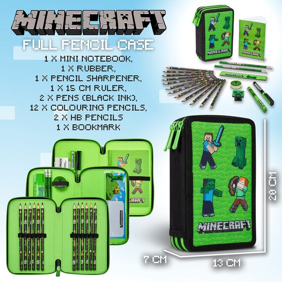 Minecraft Federmäppchen Jungen und Mädchen Mäppchen Gefüllt Creeper Federmappe mit Schreibwaren Gamer Geschenke für Kinder und Teenager (Grün Mob)