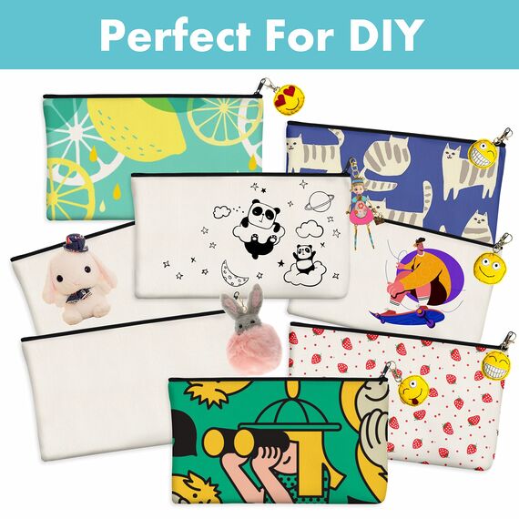 8er-Packung leere Baumwoll/Leinwand-Reißverschlusstaschen; DIY; als Beutel oder Federmäppchen für Make-up, Kosmetik- oder Hygieneartikel und sonstige Aufbewahrung; (Beige, Schwarzer Reißverschluss);