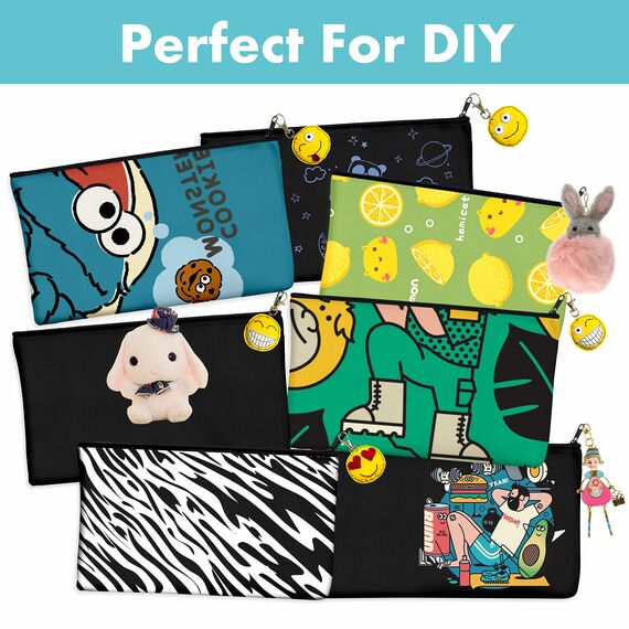 8er-Packung leere Baumwoll/Leinwand-Reißverschlusstaschen; DIY; als Beutel oder Federmäppchen für Make-up, Kosmetik- oder Hygieneartikel und sonstige Aufbewahrung; (Dunkelschwarz, 21 x 12 cm);