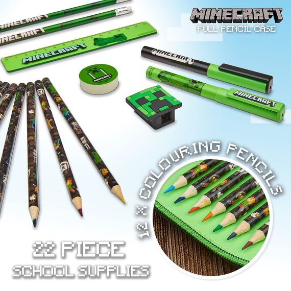 Minecraft Federmäppchen Jungen und Mädchen Mäppchen Gefüllt Creeper Federmappe mit Schreibwaren Gamer Geschenke für Kinder und Teenager (Grün Mob)
