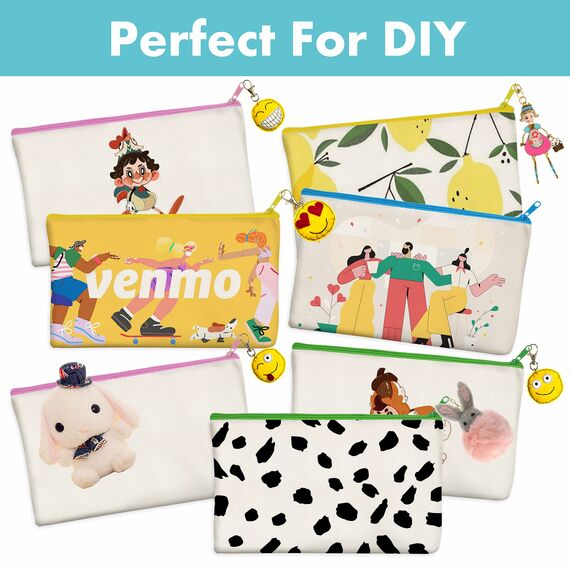 8er-Packung leere Baumwoll/Leinwand-Reißverschlusstaschen; DIY; als Beutel oder Federmäppchen für Make-up, Kosmetik- oder Hygieneartikel und sonstige Aufbewahrung; (beige,farbiger Reißverschluss);